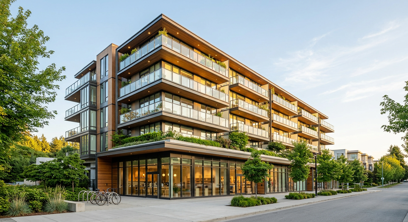 Modern mixed-use building with residences above street-level retail